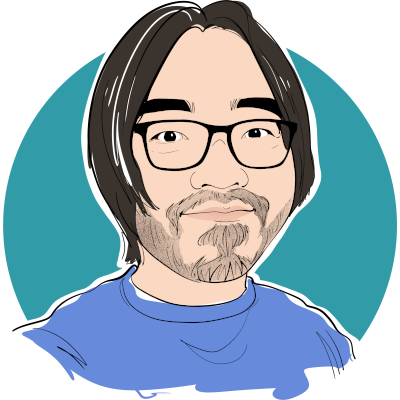 Minimalist vector drawing of a person, slightly smiling, with dark hair, glasses, and a beard, wearing blue shirt.